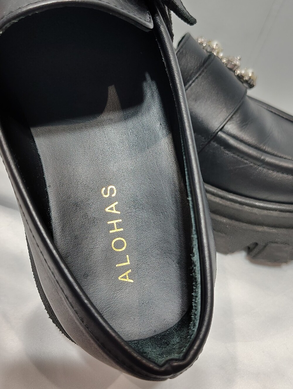 ALOHAS Trailblazer Black Crystal Pearl Chunky Leather Loafers EU 38 US 7.5 - Picture 6 of 10